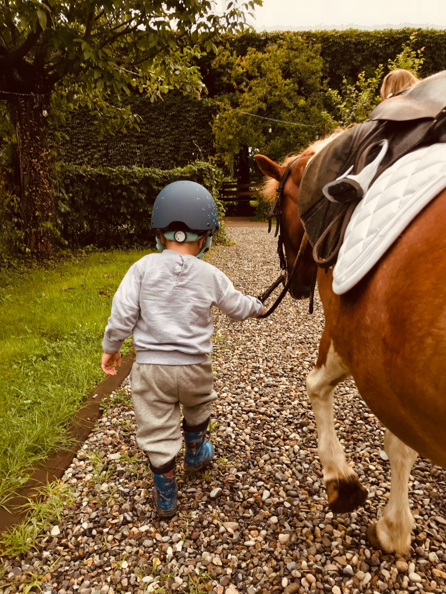 Piccolo allievo che conduce il pony al maneggio di Treviglio